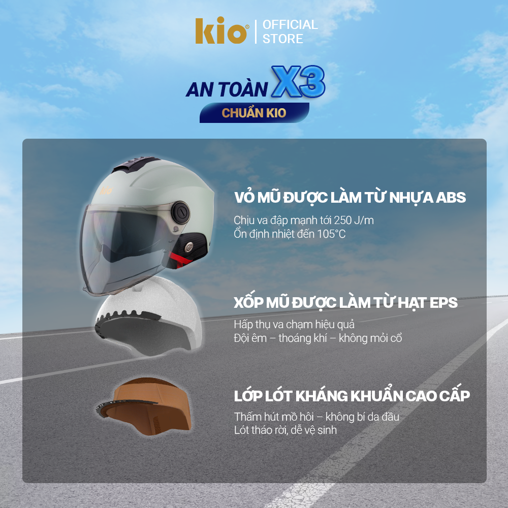 Mũ Bảo Hiểm Nửa Đầu Kio SafeStyle Metro KN12K, 2 Kính Phủ Nano Chống Tia UV, Lớp Lót Kháng Khuẩn - Trắng xà cừ (bóng)
