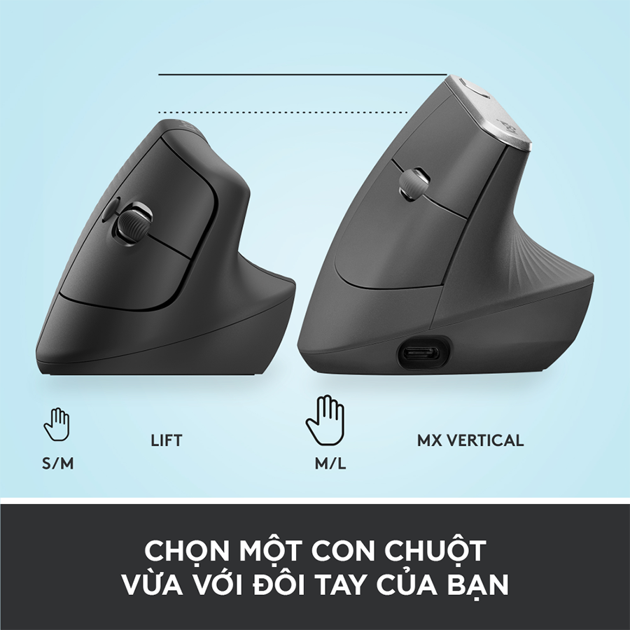 Chuột công thái học không dây Logitech Lift Vertical - Bluetooth|USB Logi Bolt, Silent giảm ồn, 4 nút tùy chỉnh, tương thích với Windows/macOS/iPad/PC - Hàng chính hãng