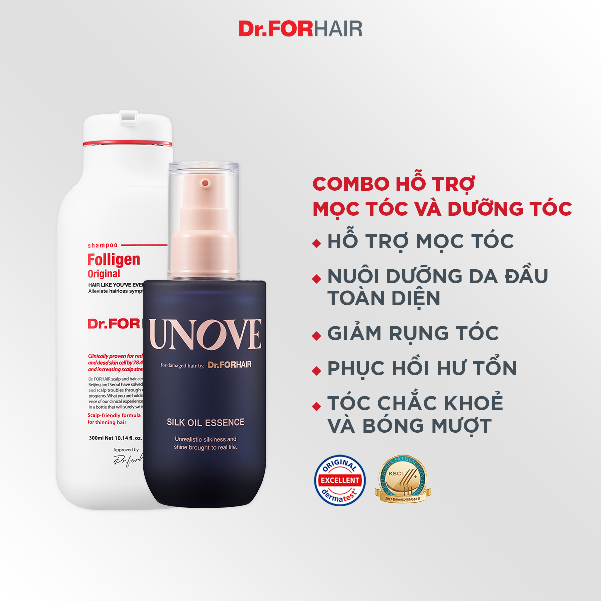 Combo gội dưỡng hỗ trợ mọc tóc nuôi dưỡng tóc và da đầu Dr.FORHAIR Folligen Original Shampoo 300ml x Unove Silk Oil Essence 70ml