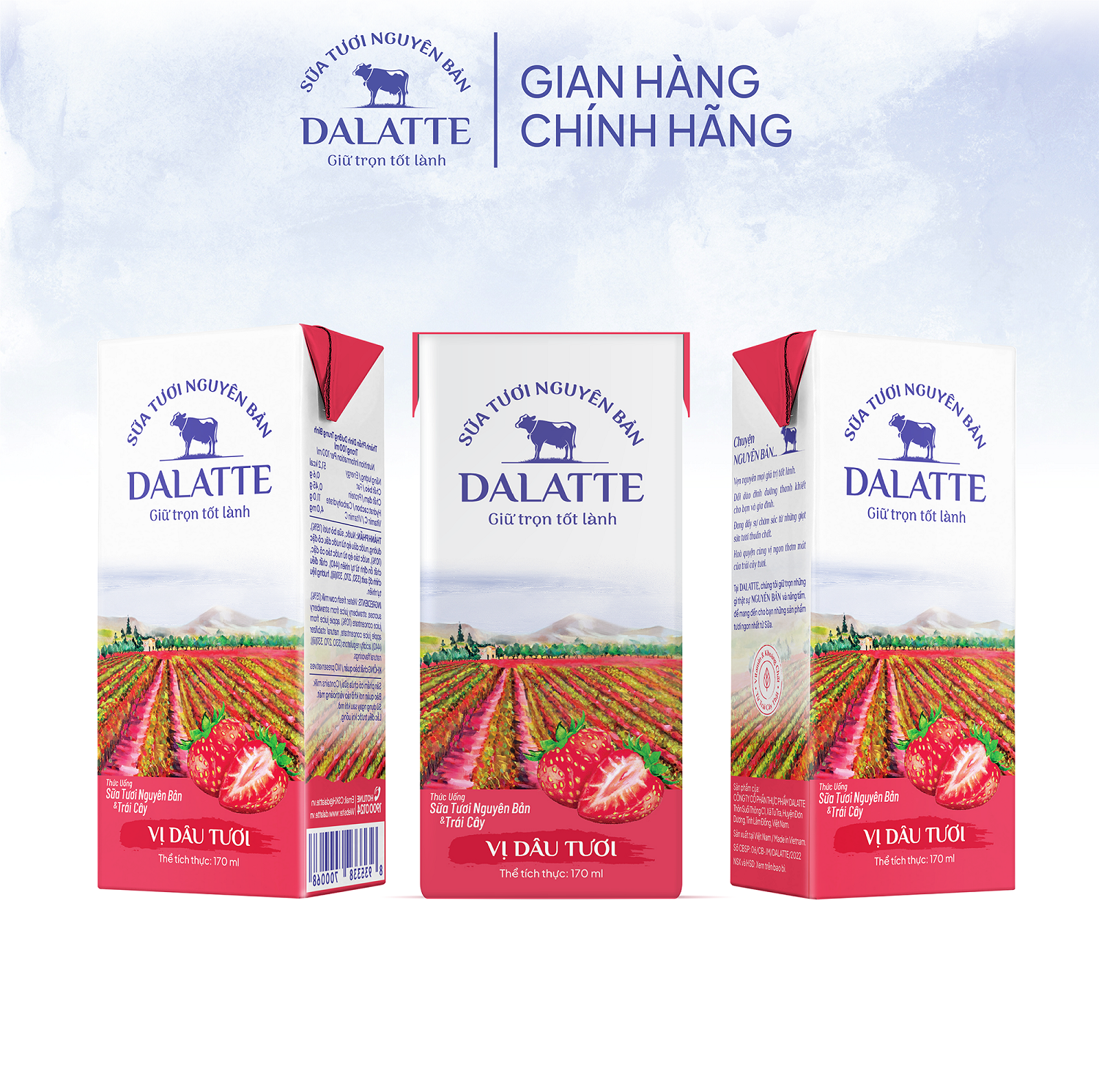 Thùng 48 hộp DALATTE 170ml SỮA TƯƠI NGUYÊN BẢN tiệt trùng - Vị dâu tươi - 48 hộp Giữ trọn nguyên bản, trao trọn tốt lành