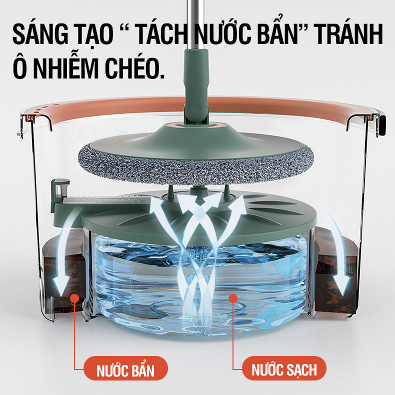 Bộ lau nhà tách nước bẩn Kitimop K22 Plus có thùng lau nhà tự vắt 2 ngăn riêng biệt, chổi lau nhà xoay 360 độ lau sạch khô nhanh, 2 bông lau