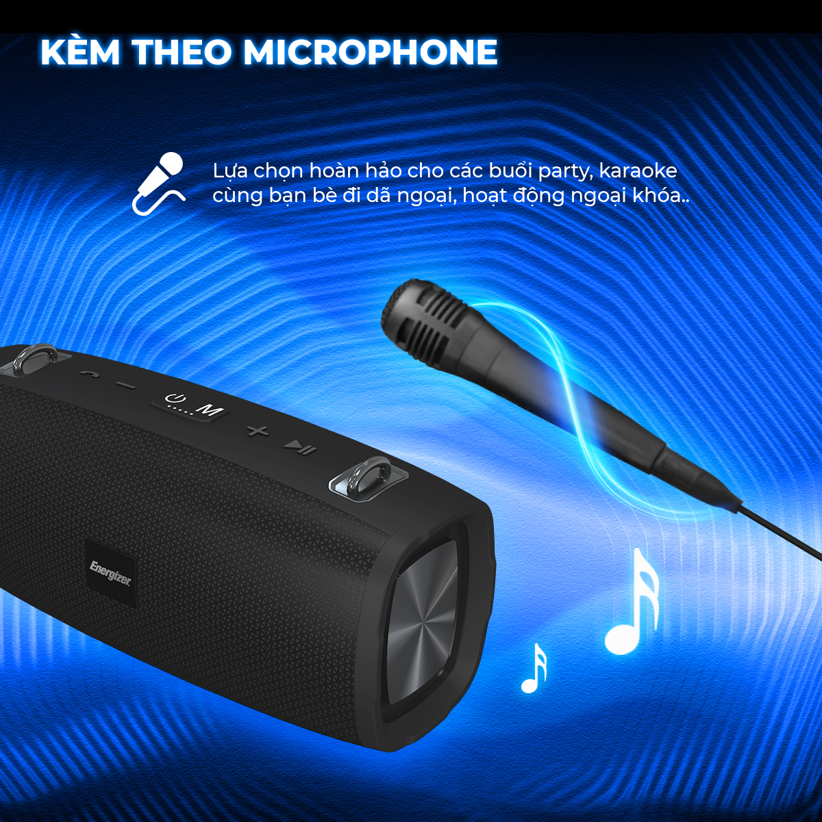 Loa Bluetooth di động Energizer BTS-204 kiêm sạc dự phòng kèm Micro Karaoke - Kết nối bluetooth 5.0, hỗ trợ FM radio, thẻ Micro SD, cổng sạc USB-A - HÀNG CHÍNH HÃNG