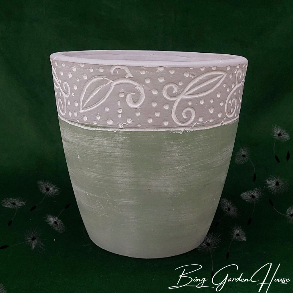 Chậu trồng cây, chậu đất nung sơn wax xanh lá phủ trắng khắc hoa Bông Garden House trồng cây cảnh các loại