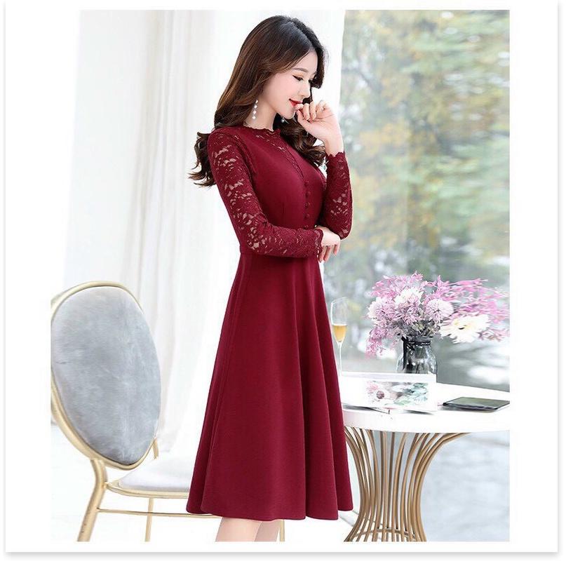 Đầm poly 2 da phối ren tay dài cực sang trọng , tôn dáng cho các nàng KME FASHION