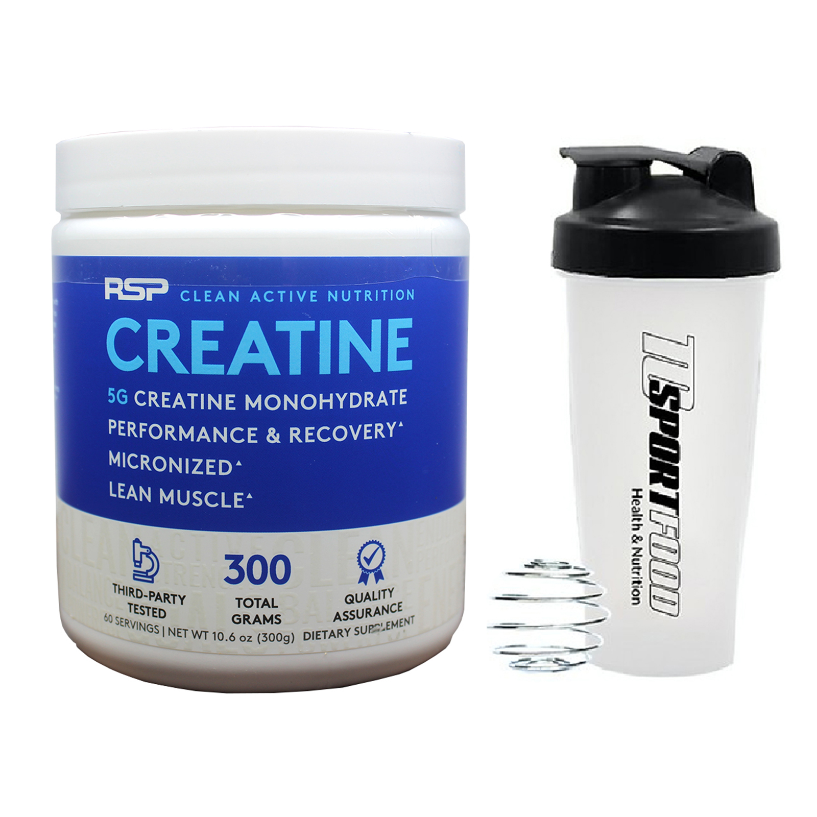 Combo Thực phẩm bổ sung Creatine của RSP hộp 60 lần dùng hỗ trợ tăng sức bền, sức mạnh, độ dày cơ bắp & Bình lắc 600ml (mẫu ngẫu nhiên)