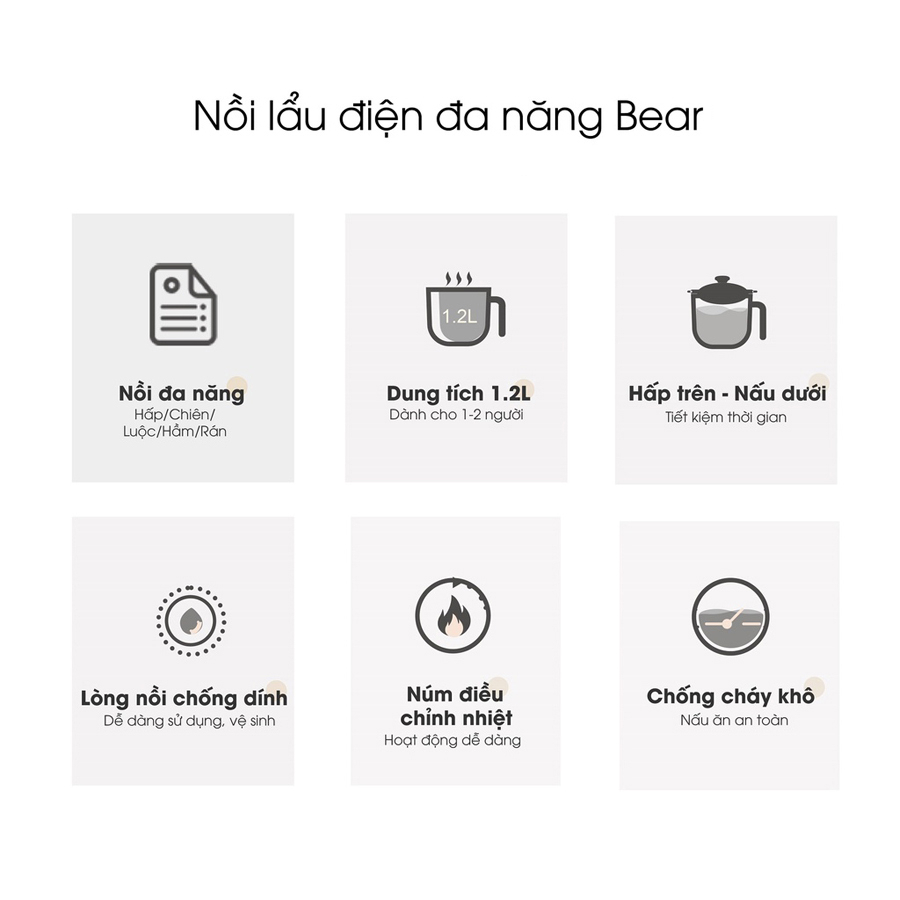 Nồi điện mini đa năng Bear E12L3 dung tích 1.2L (có xửng hấp) nồi lẩu điện mini – Hàng chính hãng