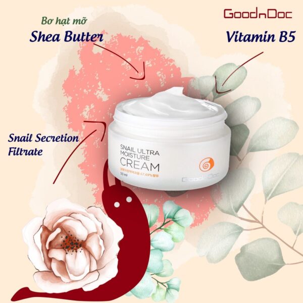 Kem dưỡng da ốc sên GoodnDoc Snail Ultra Moisture Cream 50ml, có tác dụng chống lão hóa, ngăn ngừa các nếp nhăn