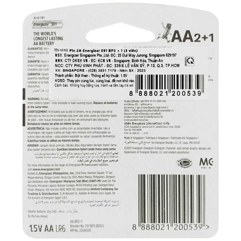 Vỉ 3 Viên Pin AA Max - Energizer E91 BP2+1