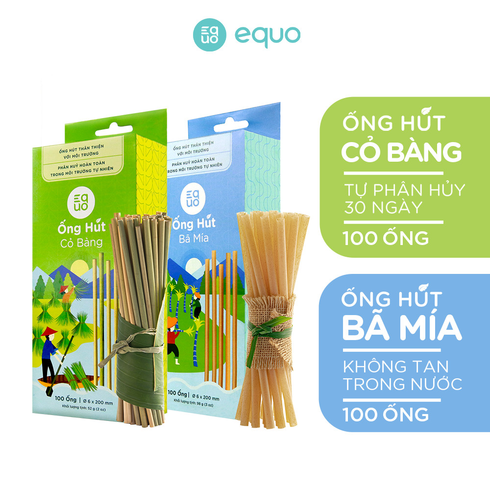 Combo Ống hút cỏ bàng tự nhiên phân hủy 30 ngày (100 ống) và Ống hút bã mía không tan trong nước (100 ống)