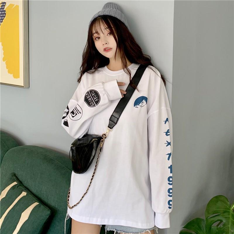 Áo Thun Nữ Dáng Rộng Họa Tiết In Ống Tay Bo 2 Màu 1999
