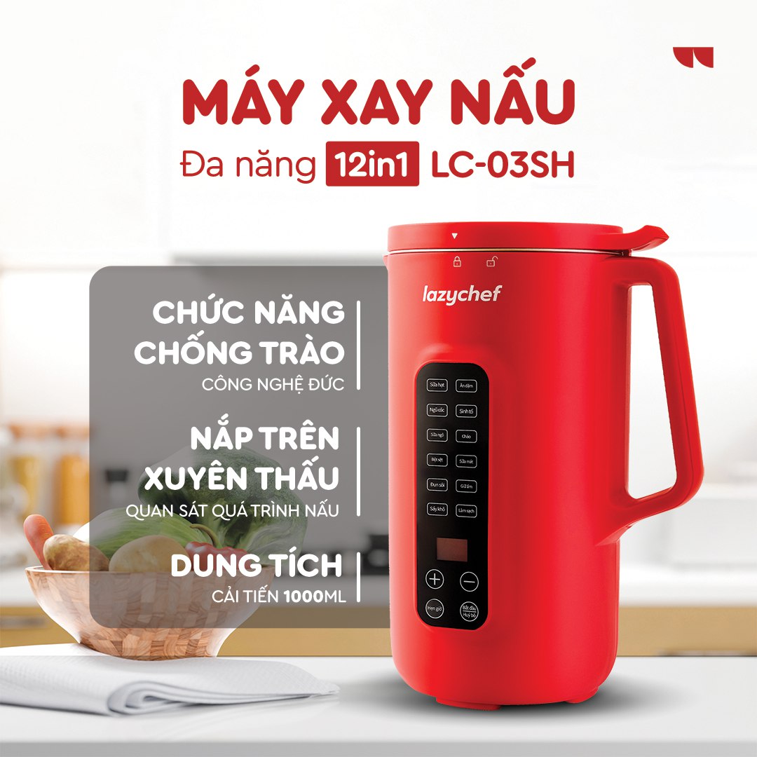 Máy Làm Sữa Hạt 12in1 Lazychef - Máy Xay Nấu Đa Năng Lazychef Sấy Khô Tự Động, 10 Lưỡi Dao Kép, Dung Tích 1000ml