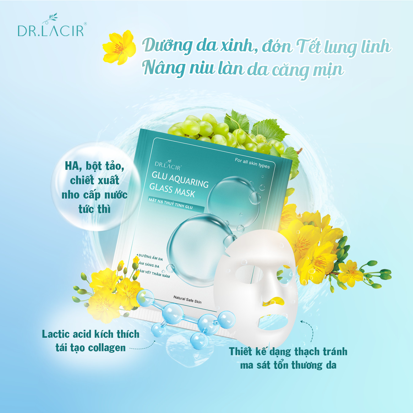 Mặt Nạ Thuỷ Tinh Glutathione Dr Lacir - Glu Aquaring Glass Mask: Dưỡng Ẩm Da, Làm Sáng Da, Giảm Vết Thâm Nám (miếng lẻ)