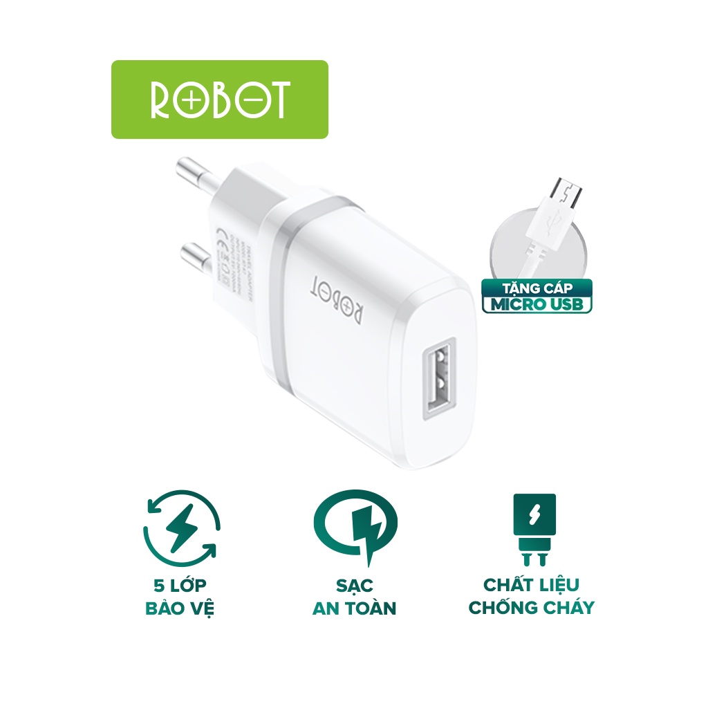 Cốc Sạc ROBOT RT-K7 Kèm Cáp Micro 1m Kích Thước Nhỏ Gọn Tương Thích Nhiều Thiết Bị iPhone Android - Hàng Chính Hãng