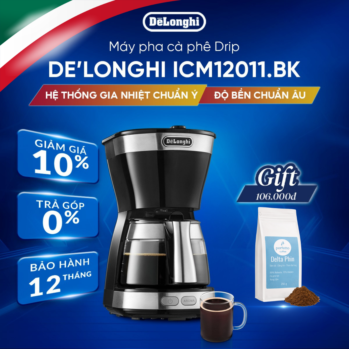 [Hàng chính hãng] Máy pha cà phê drip DeLonghi ICM12011.BK