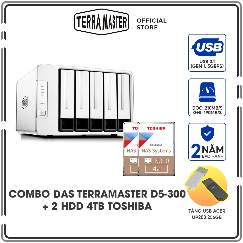 Combo Ổ cứng mạng DAS TerraMaster D5-300 + 2 Ổ cứng NAS iHDD Toshiba N300 4TB - Hàng chính hãng