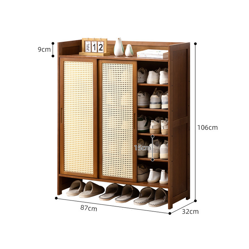 Tủ giày cửa lùa 3,4 cánh chất liệu mây tre đan nhập khẩu, kệ để giày dép decor nhiều ngăn phong cách bắc âu đơn giản