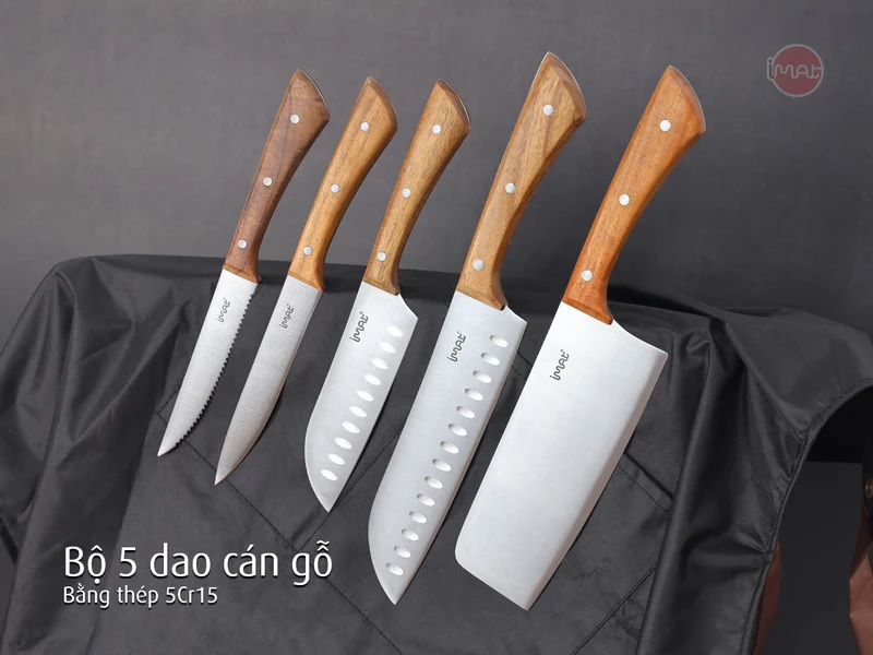 Bộ 5 dao thép không gỉ cán gỗ iMat