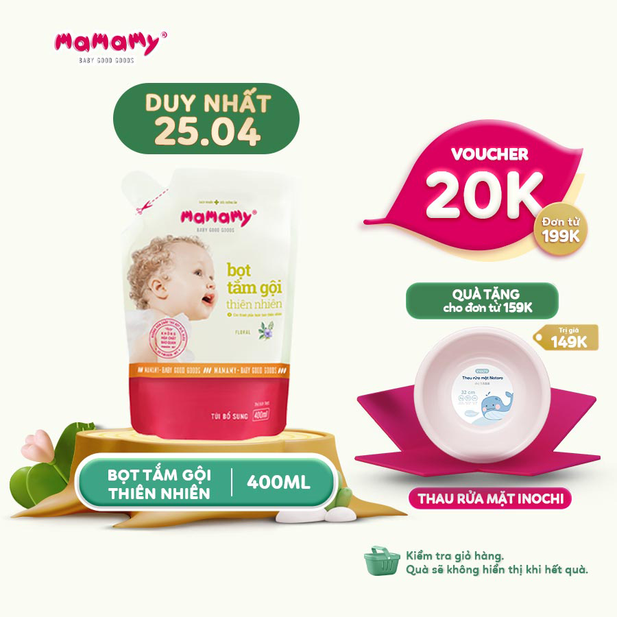 Túi bổ sung sữa tắm gội dạng bọt thiên nhiên Mamamy 400ml hương Floral, an toàn cho trẻ sơ sinh