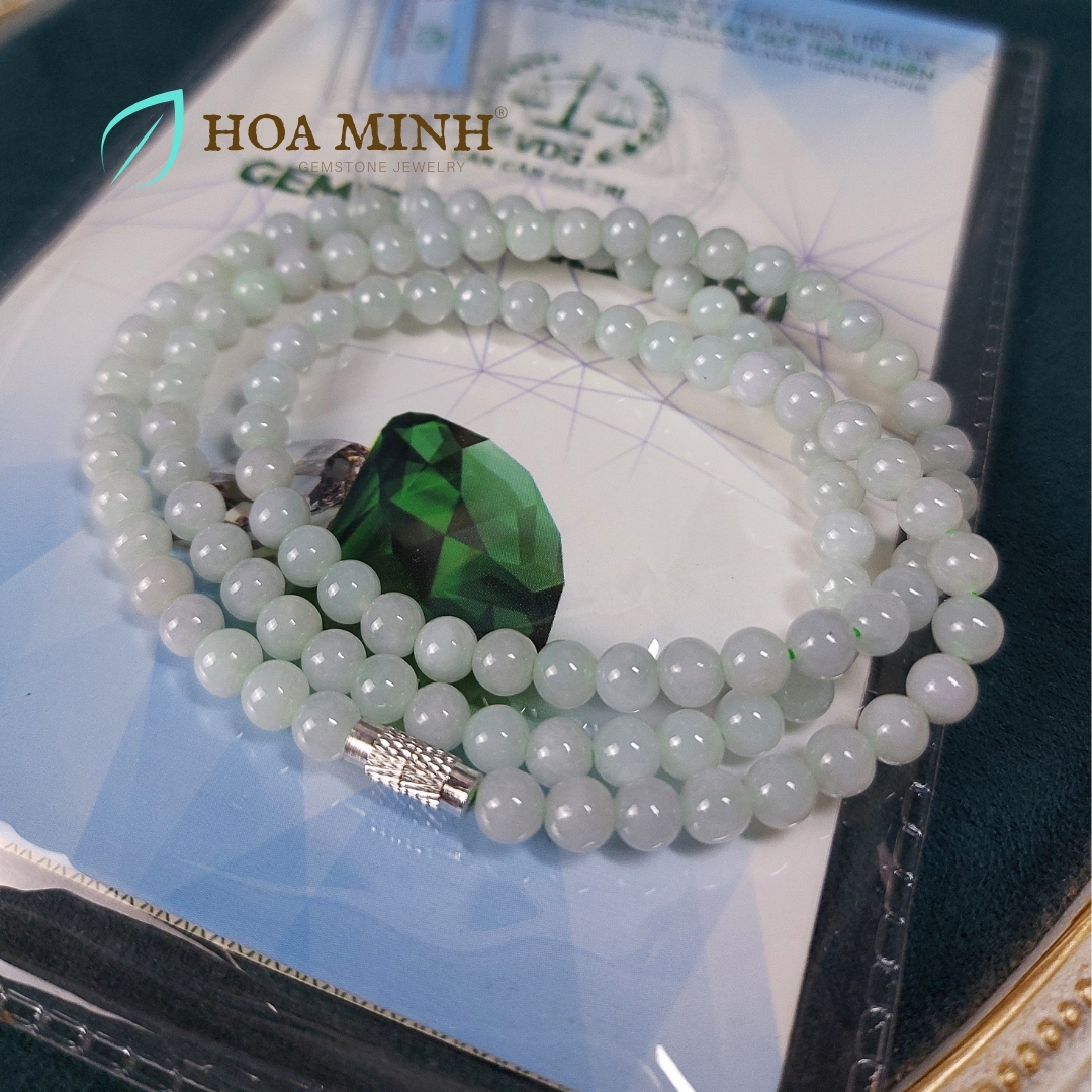 Vòng cổ 108 hạt ngọc Cẩm Thạch A xanh táo size hạt 5.5 li (có thể đeo thành vòng tay) VIP, trong bóng | Hoa Minh Gem