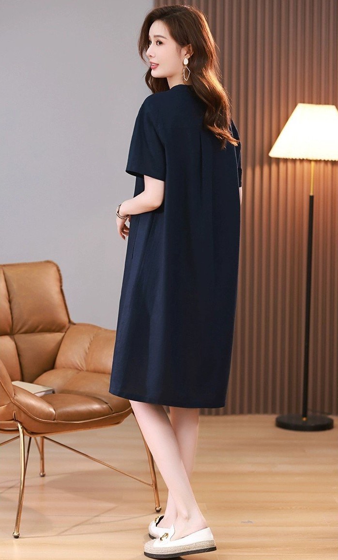 Đầm công sở cổ tàu phối nút, ngắn tay Hàn Quốc nữ trẻ trung, chất liệu Linen mềm mịn cao cấp Haint Boutique
