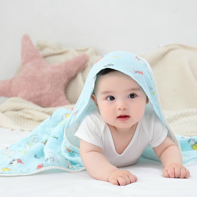 Khăn ủ sơ sinh cotton Babiboo có mũ trùm đầu họa tiết dễ thương cho bé