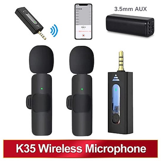 Bộ 2 micro thu âm không dây cài áo K35 - 2 khử tiếng ồn để livestream phát trực tiếp quay video cổng jack 3.5mm