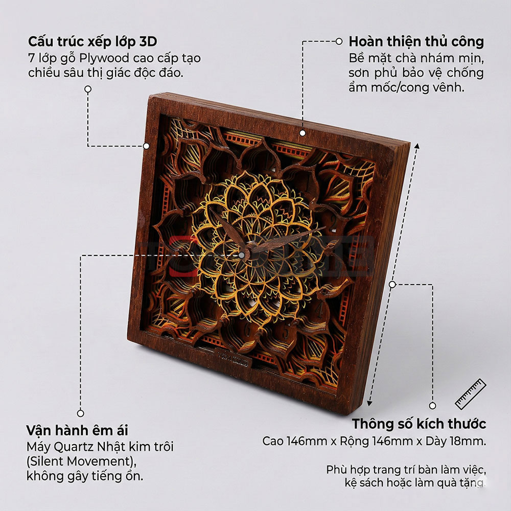 Đồng Hồ Gỗ Nghệ Thuật 3D - Khắc Laser - Kim Trôi