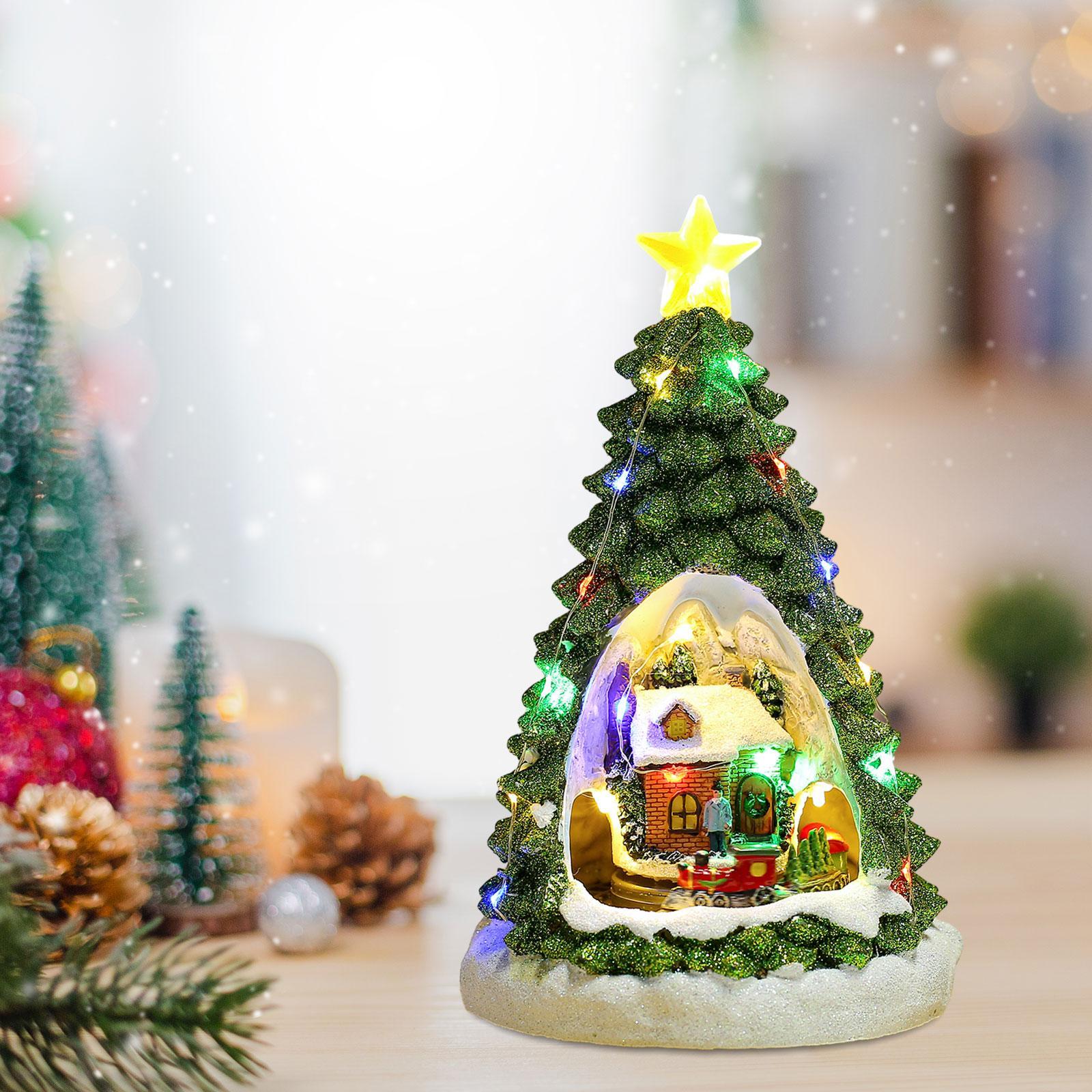Christmas Tree Glowing House Holiday House Xmas Music Ornament Rotating Train Figurine Statue for Home Living Room Decoration