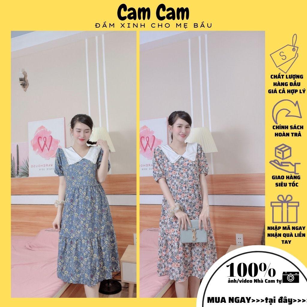 Đầm bầu công sở - Đầm bầu xinh họa tiết hoa thiết kế cực xinh, cổ trắng, tay phồng, chất lụa thoáng mát, 2 màu