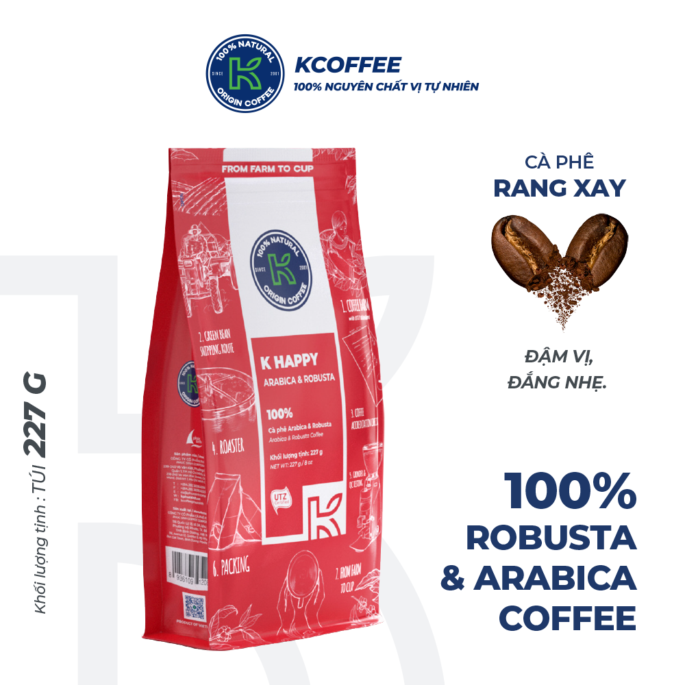 Cà phê rang xay K-Coffee Robusta Arabica chuẩn xuất khẩu K-Happy (227g/gói)