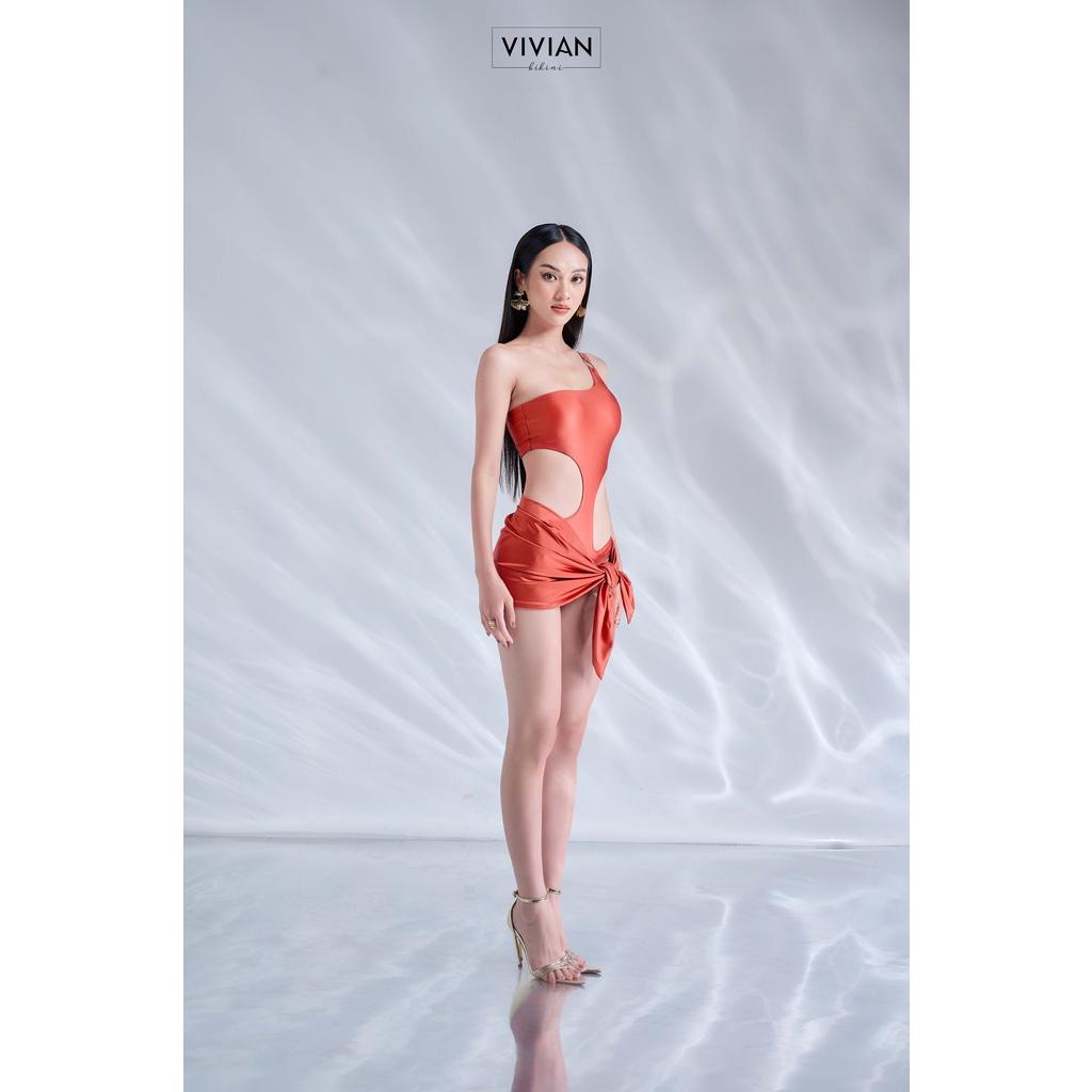 Đồ bơi nữ cao cấp  dạng một mảnh lệch vai cutout &amp; phối váy cover cách điệu - Hồng - VS175_BR