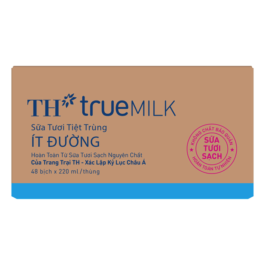 Thùng Sữa Tươi Tiệt Trùng Ít Đường TH True Milk (220ml x 48 Bịch)