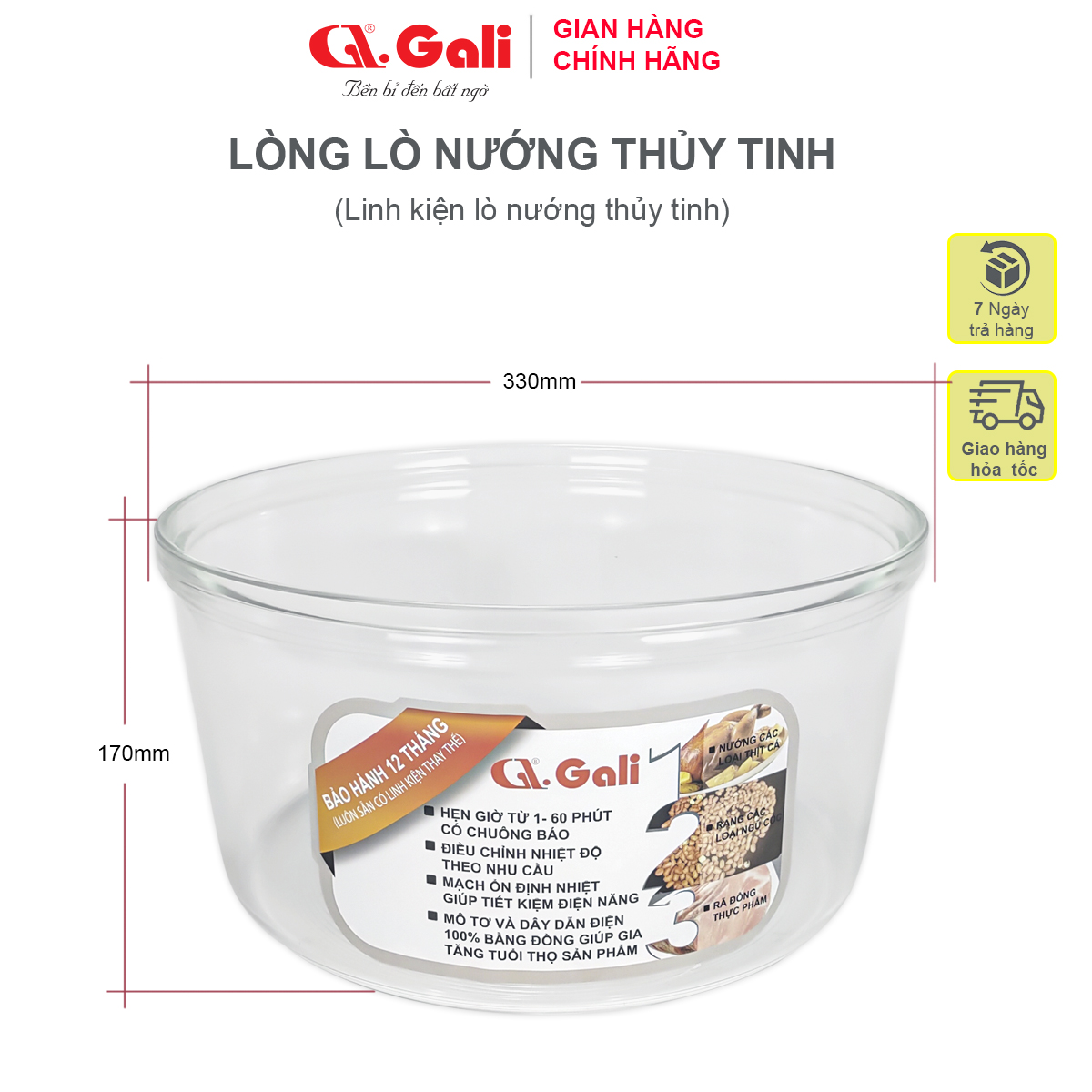 Lò nướng thủy tinh đa năng Gali 17 lít, 1300w, hàng nhập khẩu chính hãng, bảo hành 12 tháng, tặng kèm 5 phụ kiện tiện lợi