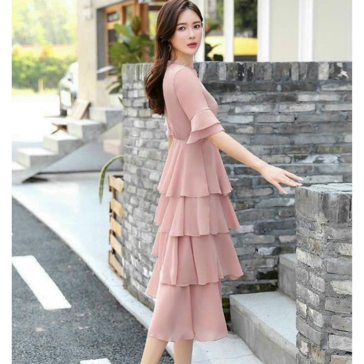 Đầm váy voan trung niên dự tiệc dạo phố 4 tầng đơn giản xanh hồng sang trọng