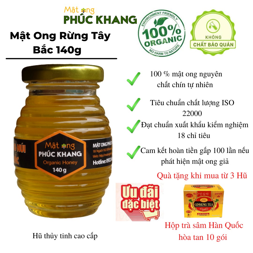 Mật ong rừng Tây Bắc Phúc Khang 140G - Thu hoạch tự nhiên - Nguyên chất - Không nhiễm hóa chất , Kháng sinh , Kim loại nặng , Chất bảo vệ thực vật - Tặng hộp trà sâm hàn quốc 10 gói khi mua từ 3 hũ