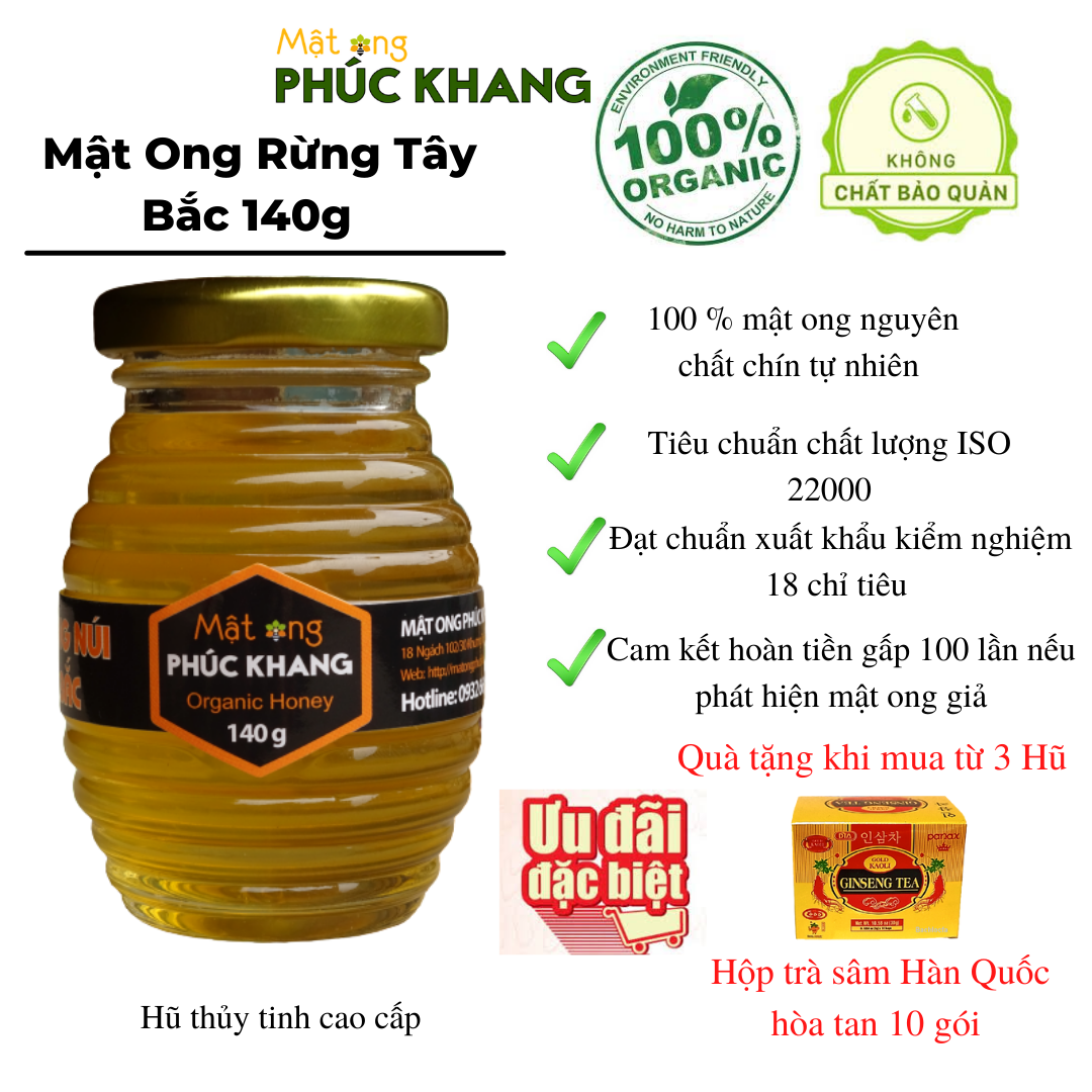 Mật ong rừng Tây Bắc Phúc Khang 140G - Thu hoạch tự nhiên - Nguyên chất - Không nhiễm hóa chất , Kháng sinh , Kim loại nặng , Chất bảo vệ thực vật - Tặng hộp trà sâm hàn quốc 10 gói khi mua từ 3 hũ 