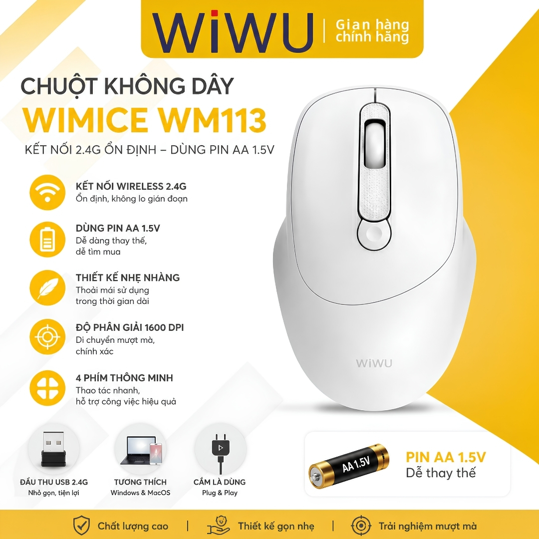 Chuột Không Dây WiWU WIMICE WM113 2.4G Wireless –Silent Click Êm Ái, 1600 DPI, Siêu Nhẹ 58g, 4 Phím Thông Minh, Dùng Pin AA, Thiết kế công thái học ôm tay - Hàng nhập khẩu