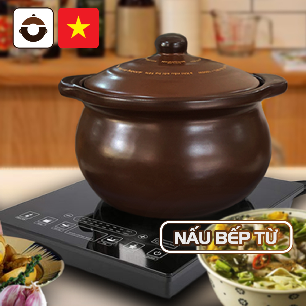 Nồi đất đáy từ 2 lít NodaCook (men sứ Nâu) - Nồi Đất chuyên biệt nấu trên Bếp từ