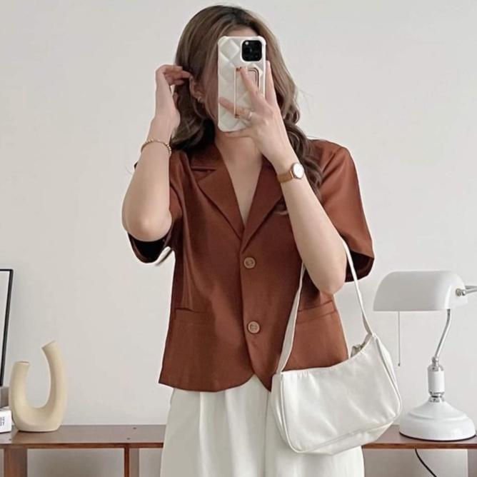 Áo Blazer Croptop Cộc Tay Độn Vai Trơn Chất Mát, Áo Khoác Vest Ngắn Tay Cơ Bản Nhiều Màu, Labibi