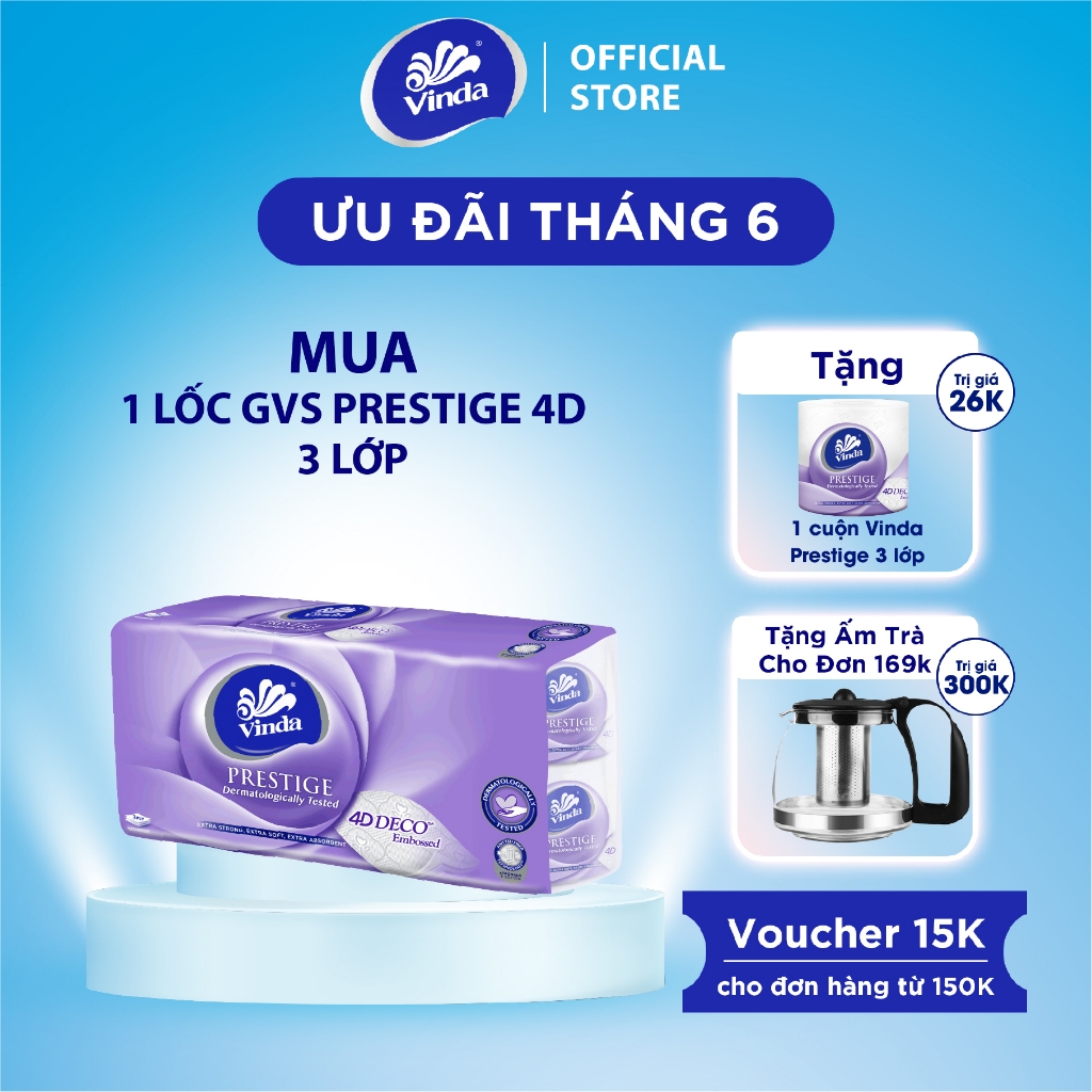 [MUA 1 LỐC GVS PRESTIGE 4D TẶNG 1 CUỘN] Giấy vệ sinh cao cấp Vinda Prestige 4D 3 lớp (8 Cuộn)