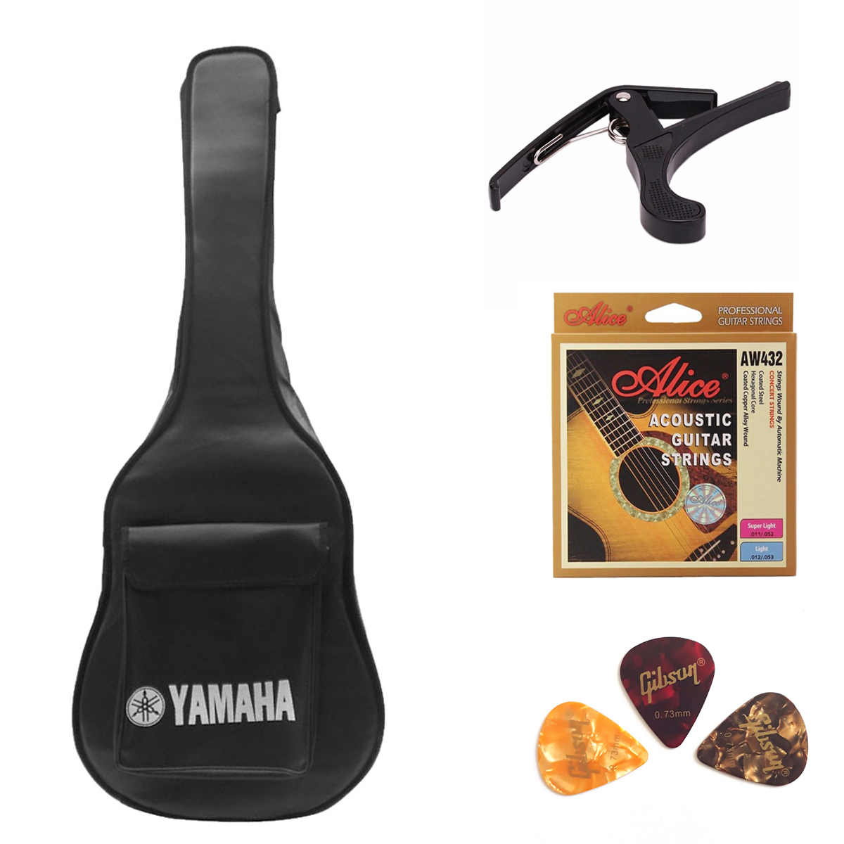 Combo phụ kiện guitar thùng acoustic gồm 4 phụ kiện bao Yamaha Capo Phím Gải và Dây Alice