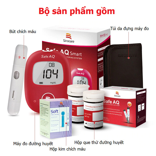 Bộ máy đo đường huyết Sinocare Safe AQ tặng 1 hộp 50 que thử đường huyết và hộp 50 kim chích máu