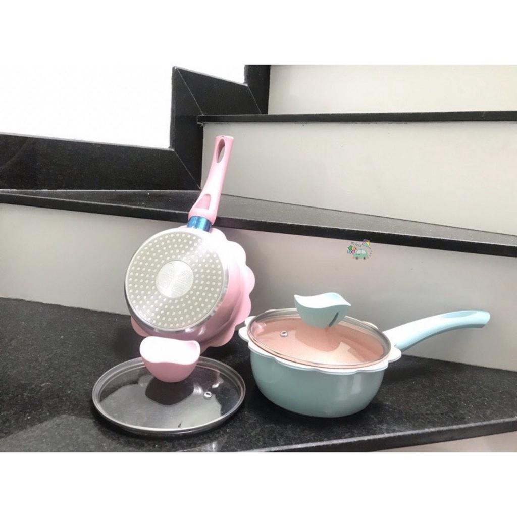 Nồi chảo sắt vân đá chống dính hình hoa tráng men đá cao cấp+ xửng hấp inox 304, phụ kiện nhà bếp