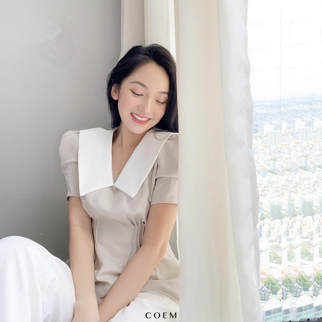 Áo Kiểu Sơ Mi Xếp Ly Eo Tay Phồng Màu Nude Chất Liệu Cotton Premium CO EM Thiết Kế Phù Hợp Công Sở Đi Tiệc Đi Chơi