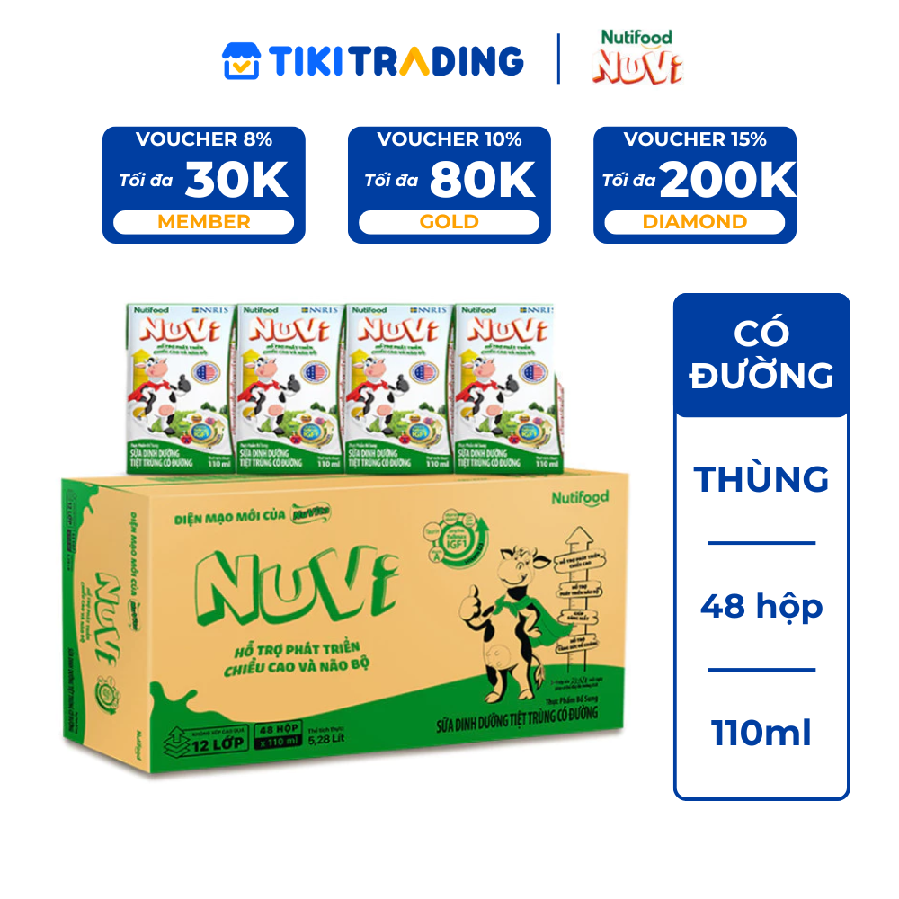 Thùng 48 hộp Sữa Dinh Dưỡng Tiệt Trung Nuvi Có Đường 110ml - Tăng Đề Kháng, Phát Triển Chiều Cao