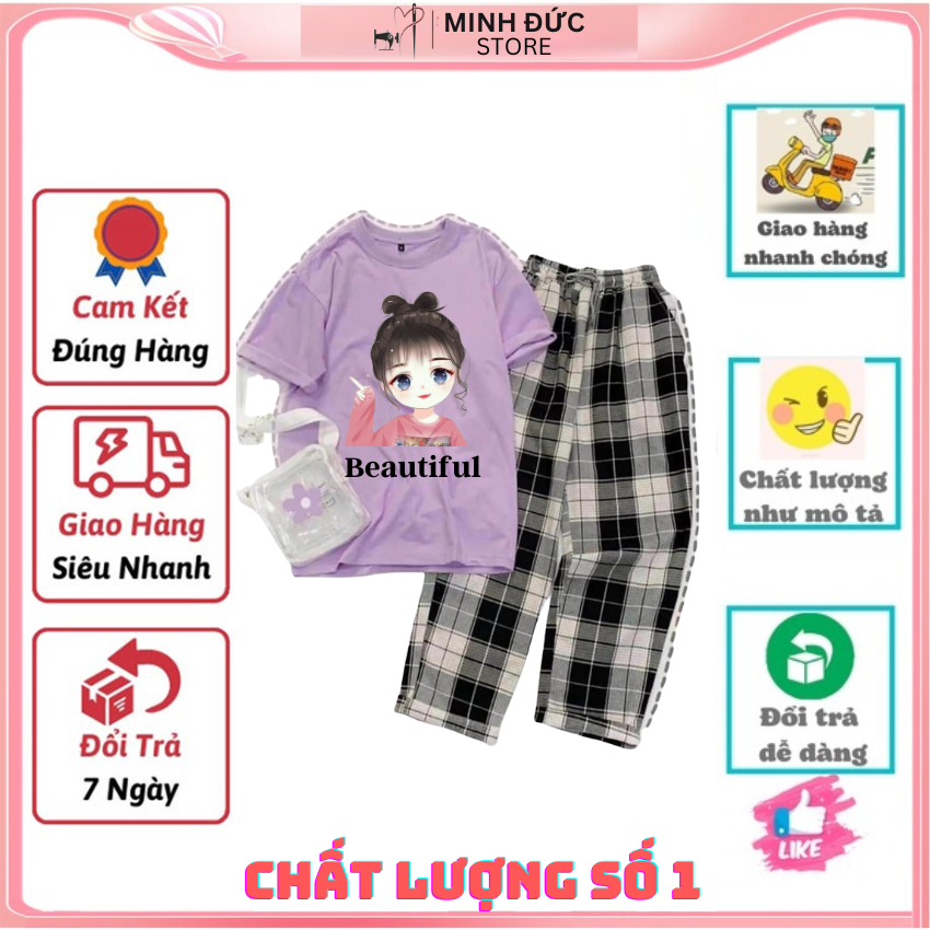 Sét Bộ Nữ SS08, Sét Đồ Nữ Đi Chơi Đẹp In Hình Cô Gái Nơ Đỏ Dễ Thương, Sét Áo Vải Cotton Và Quần Kẻ Màu Cá Tính