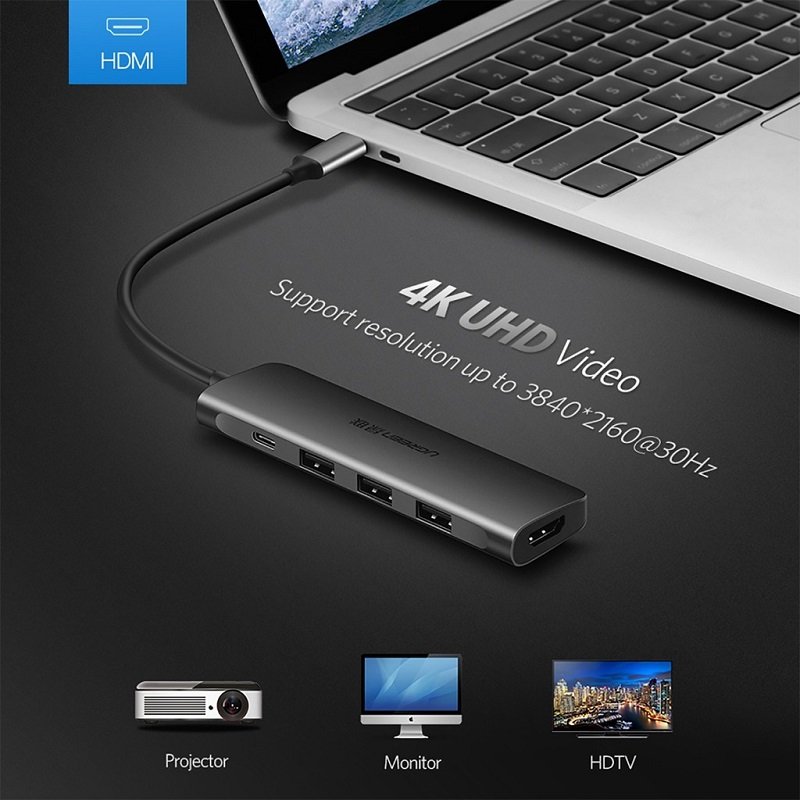 Bộ chuyển đổi UGREEN USB C 4K HDMI chia 3 cổng 5 trong 1 đa năng tiện dụng cho máy tính hàng chính hãng