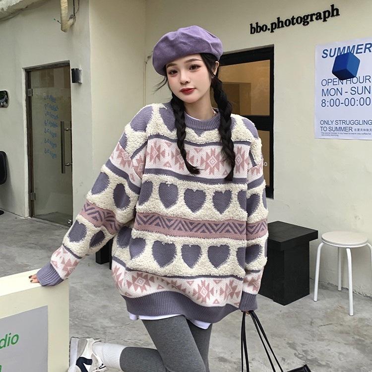 Hàng Sẵn_ Áo len dệt kim Love jacquard dáng rộng Hadu shop