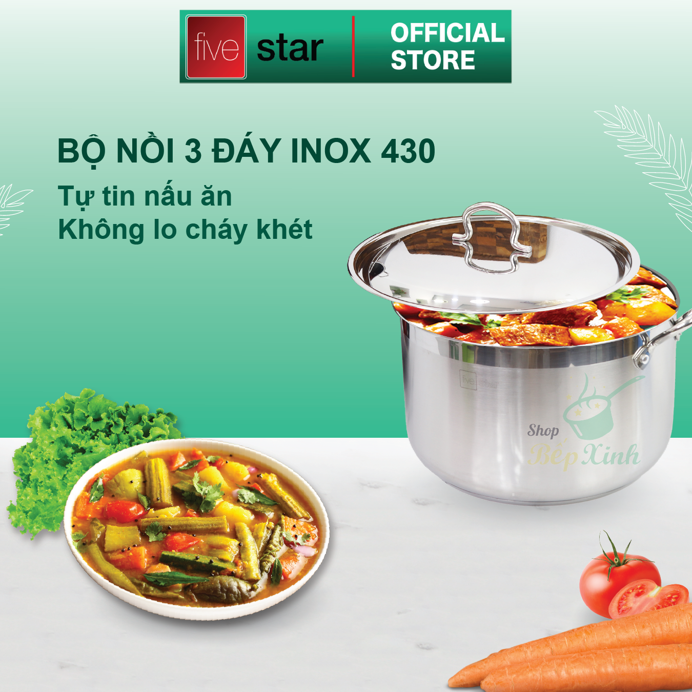 Nồi inox 3 đáy inox 430 FiveStar Standard nắp inox , tặng 1 vá canh