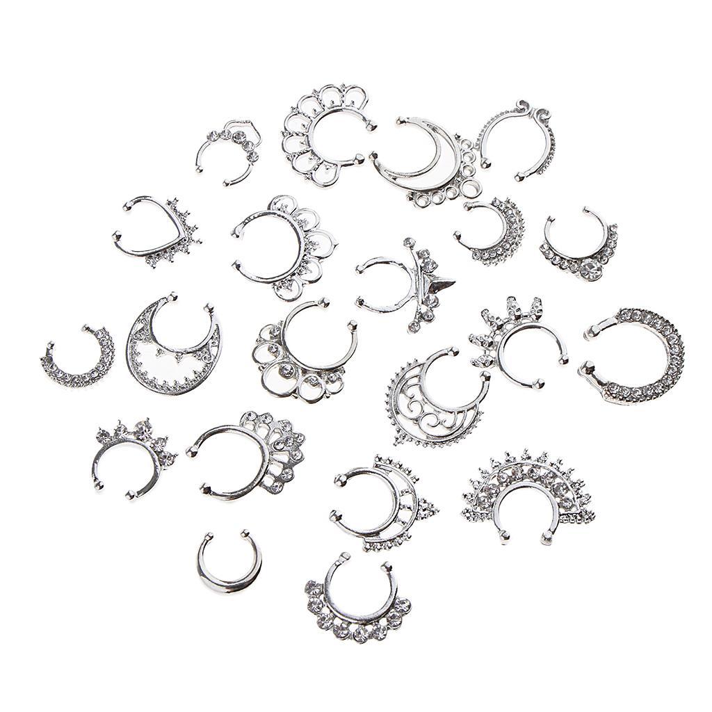 2x21 Pieces Crystal Fake Septum Clicker Nose Ring Non-piercing Silver